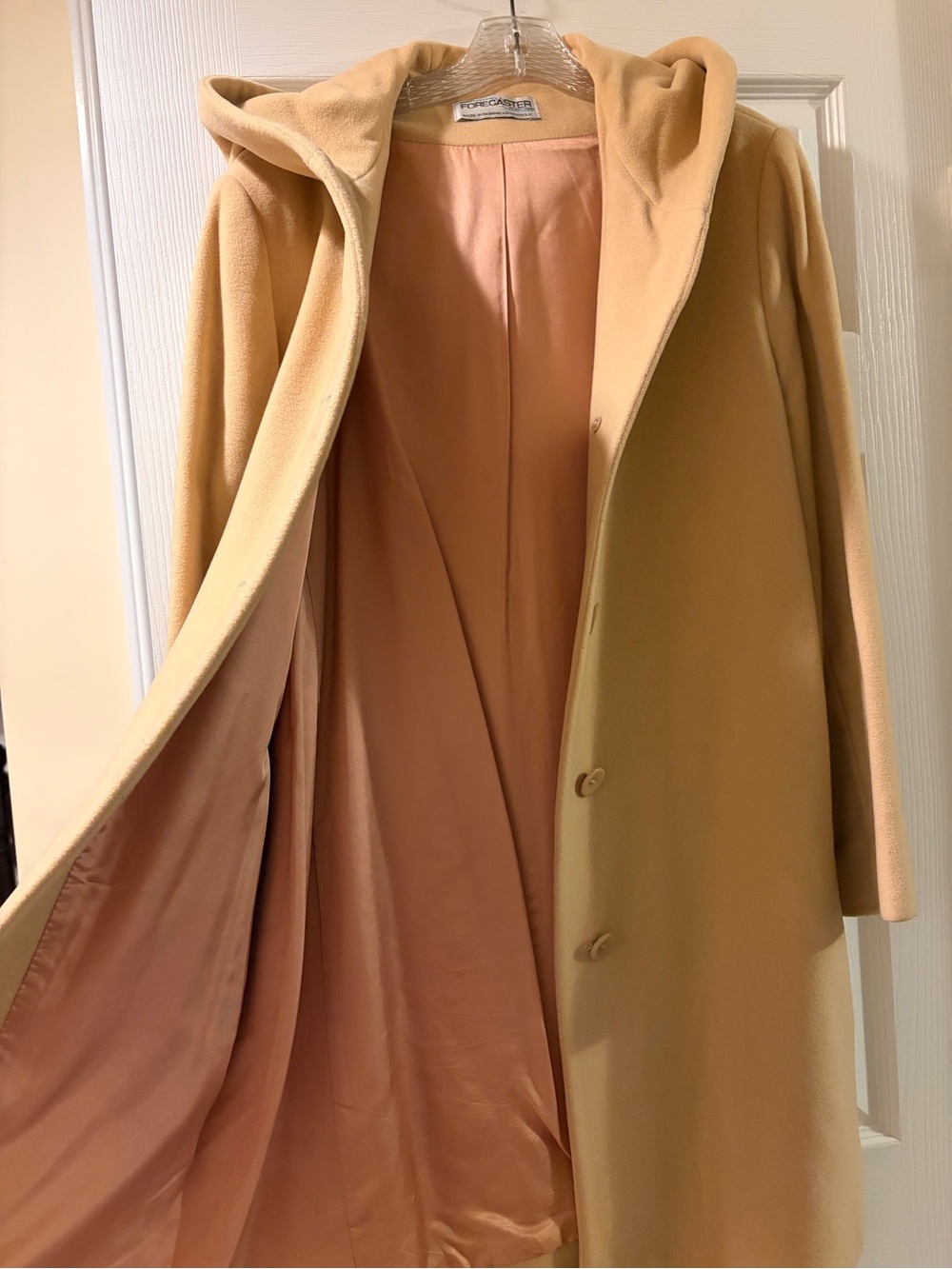 Wool Hooded Camel Trench Coat - women size 14